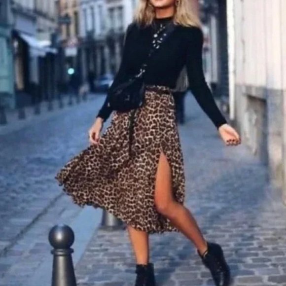 Zara Dresses & Skirts - Zara Leopard Print Tie Waist Pleated Midi Skirt | XS